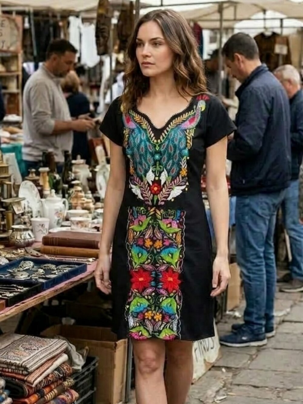 Embroidered Colorful Peacock Floral Bohemian Black Dress